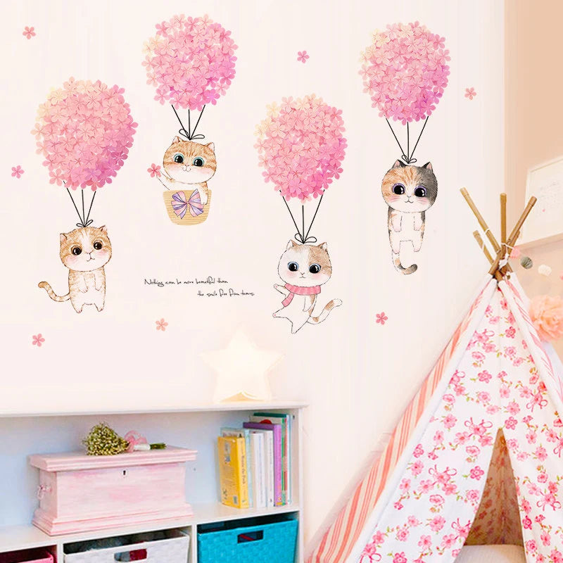 Pink Flower Cute Cats Wall Stickers For Kids Rooms Girl Bedroom Home Wardrobe Wall Decor Self Adhesive Vinyl Sticker Wallpapers