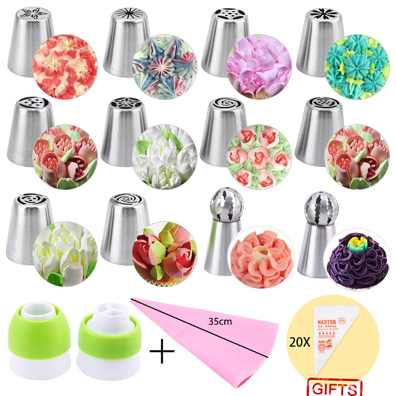 Russian Stainless Steel  Pastry Case 15Pcs Cake Decorating Tools Set Tulip Nozzles Frosting Confectionery Professional Large