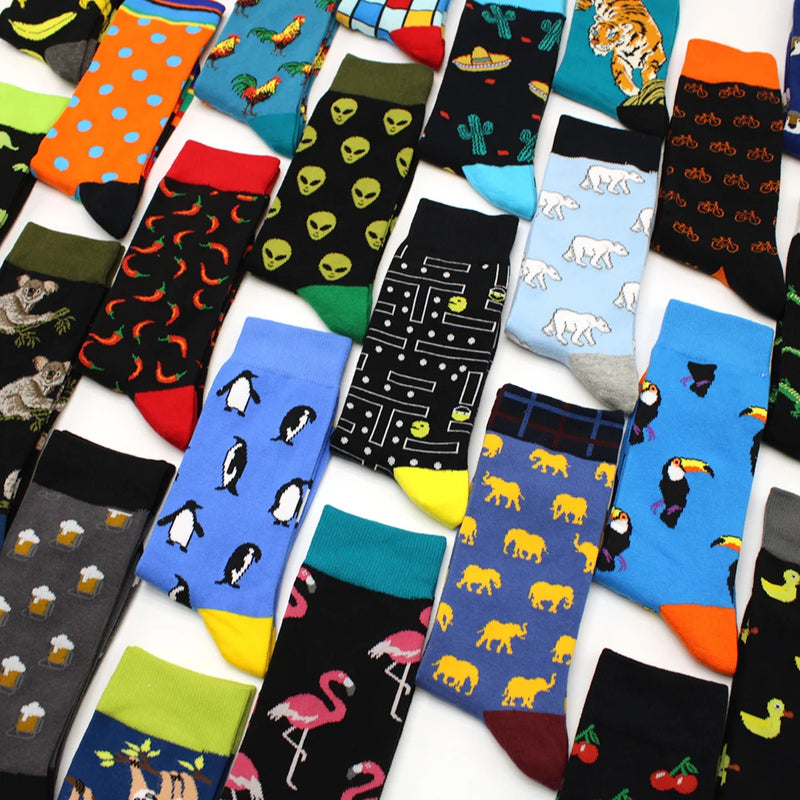 2024 New Hiphop Cotton Men Socks Harajuku Happy Funny animal Flamingo penguin chili Dress Socks for Male Wedding Christmas Gift