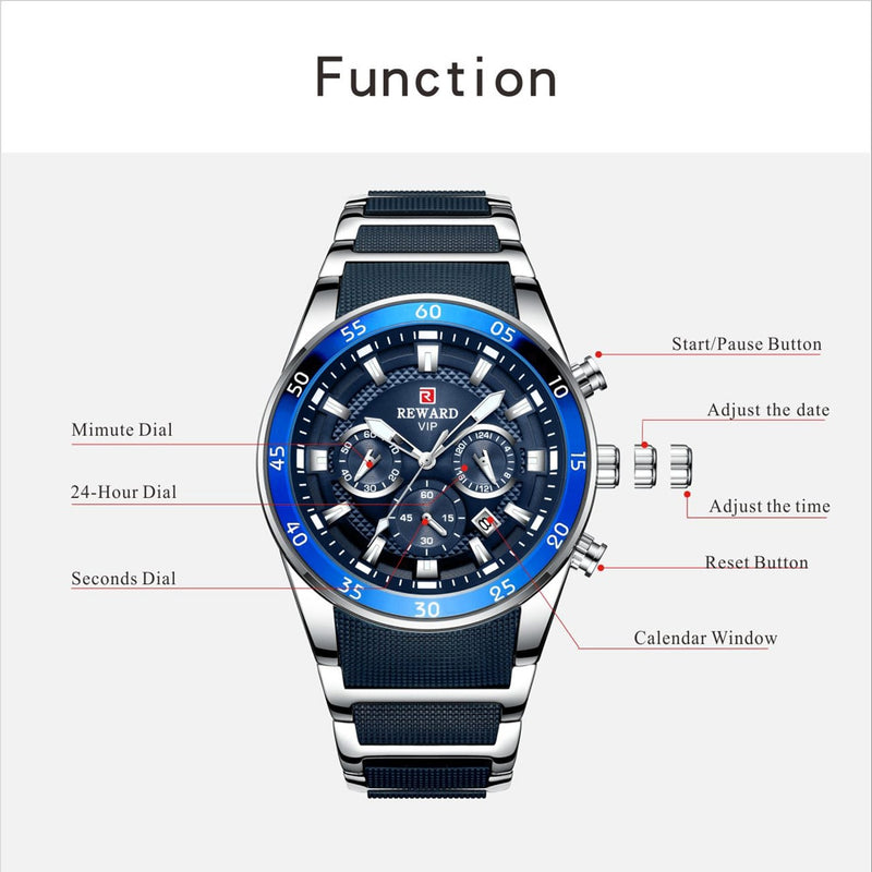 REWARD Brand Mens Watches Luxury Quartz Blue Watch Full Steel Men Chronograph Waterproof Business Wrist Watch Relogio Masculino