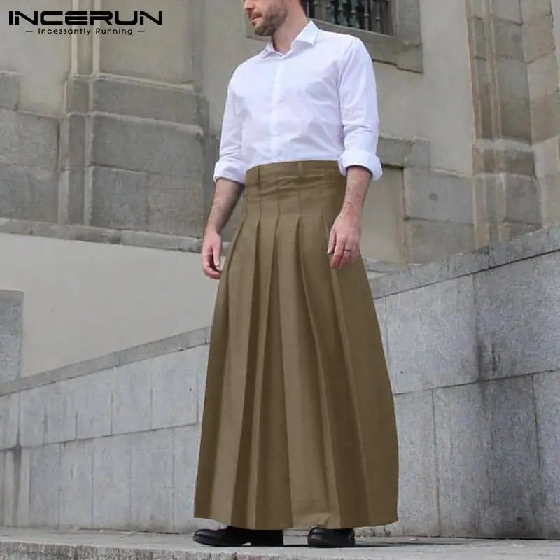 INCERUN 2024 Fashion New Mens Solid All-match Trousers Casual Streetwear Male Hot Sale Pantalons Pleated Long Skirts Pants S-5XL
