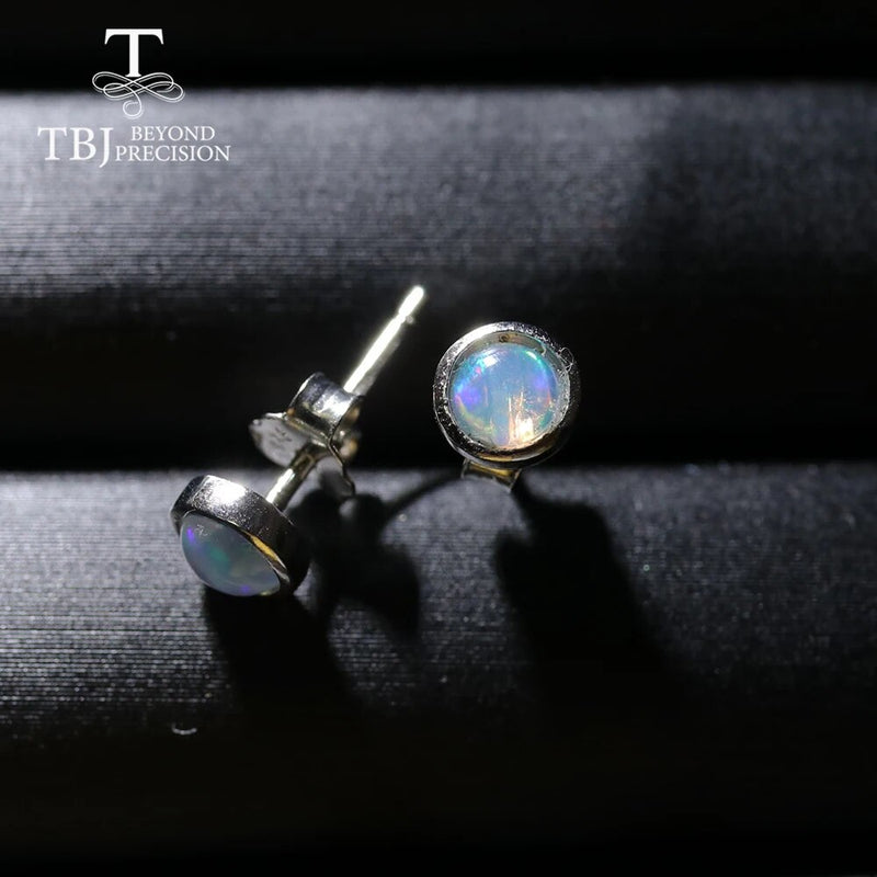 TBJ,Black Opal earring Round 4mm 5mm Natural Ethiopia Opal gemstone Jewelry 925 sterling silver for girls daughter nice gift