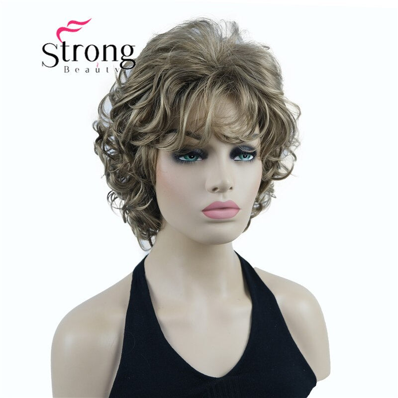 StrongBeauty Short Wig Soft Tousled Curls Blonde Highlights Full Synthetic Wigs COLOUR CHOICES