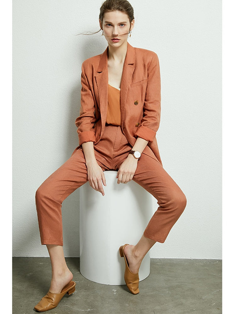 AMII Minimalism Autumn Women Solid Lapel Double Breasted Suit Coat High Waist Solid Pant Solid Short 12040051