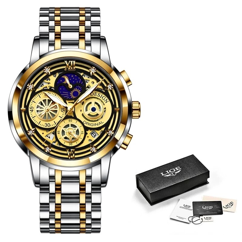 LIGE Chronograph Men Watches Waterproof Stainless Steel Luxury Hollow Man Wristwatch Large Dial Auto Date Quartz Watch Clock+Box