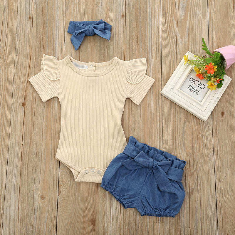 Newborn Baby Girls Outfits Clothes Cotton Solid Romper Jumpsuit + Denim Shorts+Headband Sweet Set Summer New23