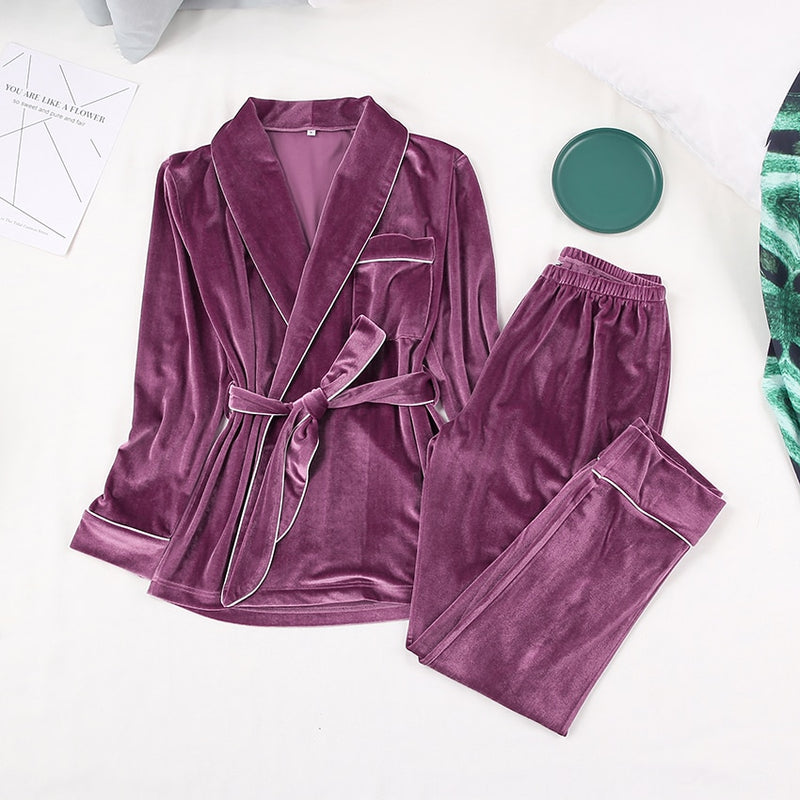 HiLoc Warm Velvet Sleepwear Solid Robes And Pants Home Suit Pocket Long Sleeve Home Clothes For Women Pajama Woman Winter 2020