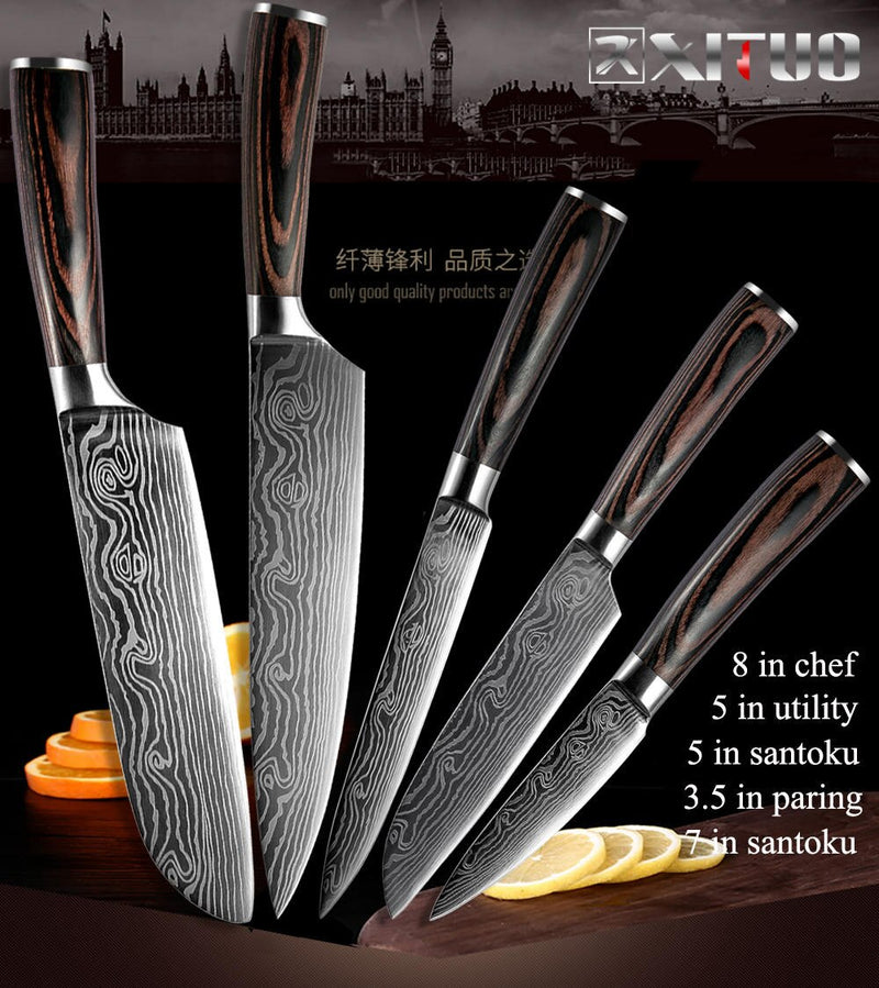 XITUO  2-5PCS Set Kitchen Knife Damascus Laser Stainless Steel Blades Chef Knife Santoku knife Utility Paring knives Tools