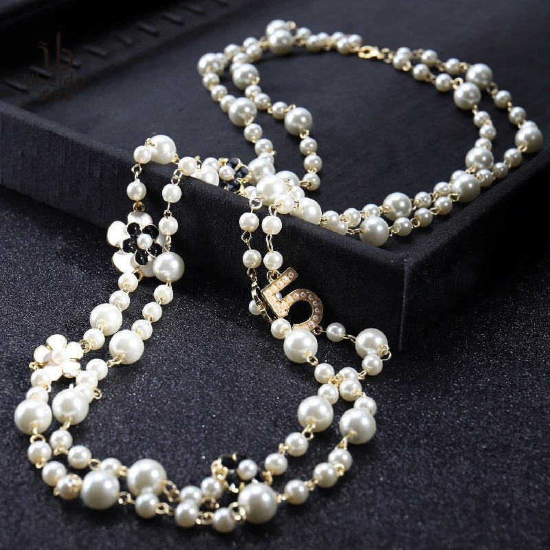 Luxury brand design number 5 long pearl necklace camellia double layer sweater chain necklace woman party jewelry