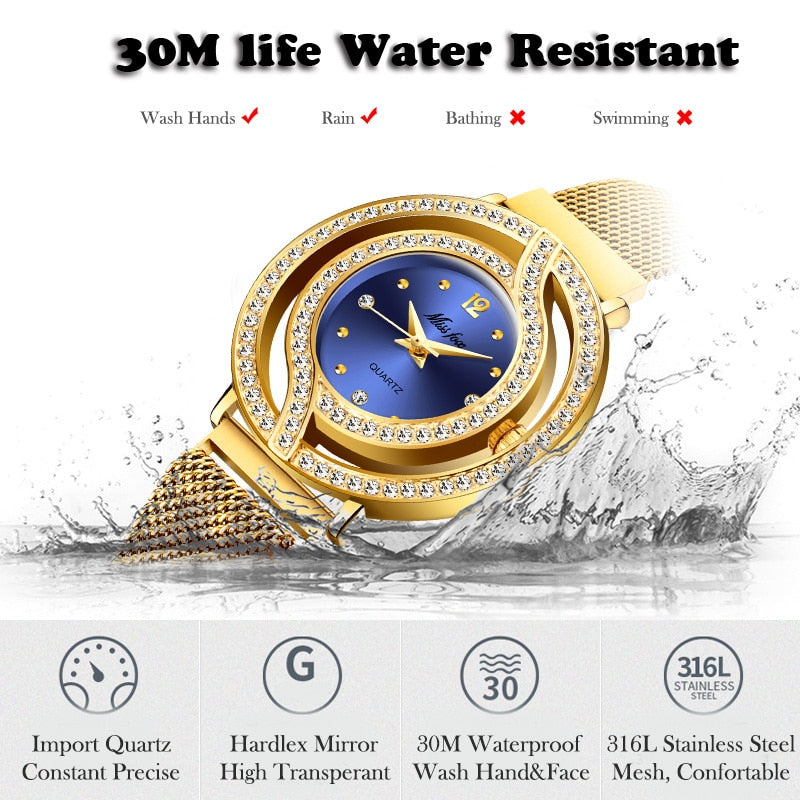 MISSFOX Magnetic Watch Women Luxury Brand Waterproof Diamond Women Watches Hollow Blue Quartz Elegant Gold Ladies Wrist Watch