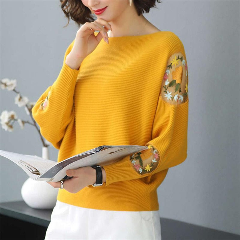 Flower Embroidery Batwing Sleeve O-Neck Spring Sweaters Women Casual Loose Knitted Pullovers  Large Size Knitwear Tops Female