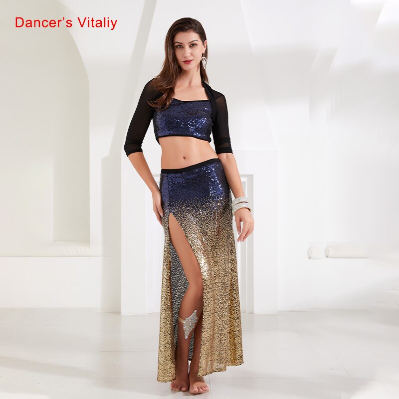 Women New Belly Dance Set  Oriental Dance Dance Competition Sequin   Costume Top+Fishtail  Skirt 2pcs gypsy skirt   costume set