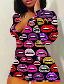 Sexy Women V-neck Bodycon Sleepwear Jumpsuit Bodysuit Shorts Romper Bodysuit Leotard Long Sleeve Lips Print Button Bodysuit