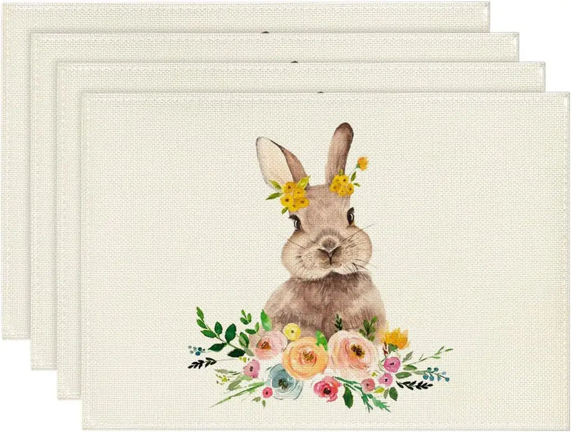 2024 Easter Rabbit Table Runner Linen Bunny Dining Table Cloth Placemat Spring Holiday Happy Easter Decoration for Home Kitchen