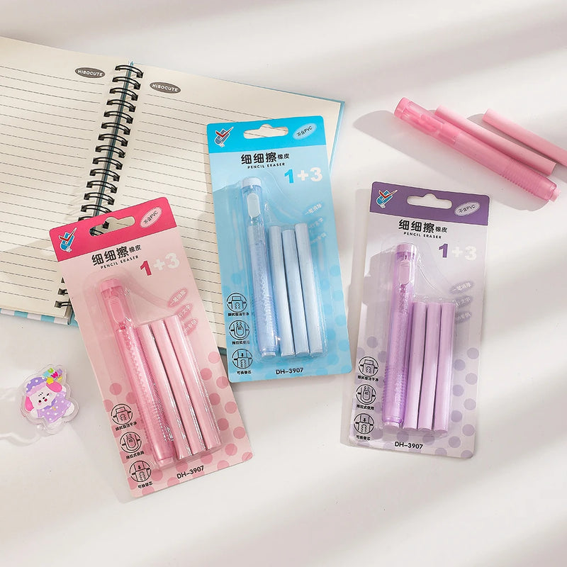 4pcs/set Push-pull Lipsticker Eraser With 3pcs Replace Core Rubber Eraser Creative Novelty Pencil Eraser Stationery