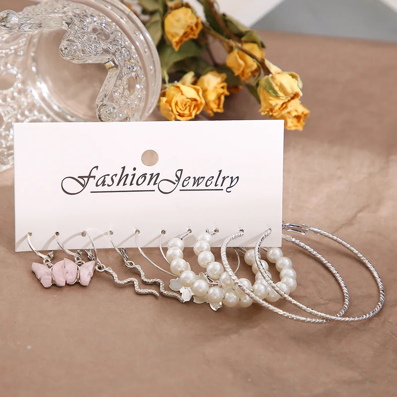 Fashion Big Silver Color Round Circle Pearl Hoop Earrings for Women Girls Snake Butterfly Dangle Earring Set Female Y2K Jewelry