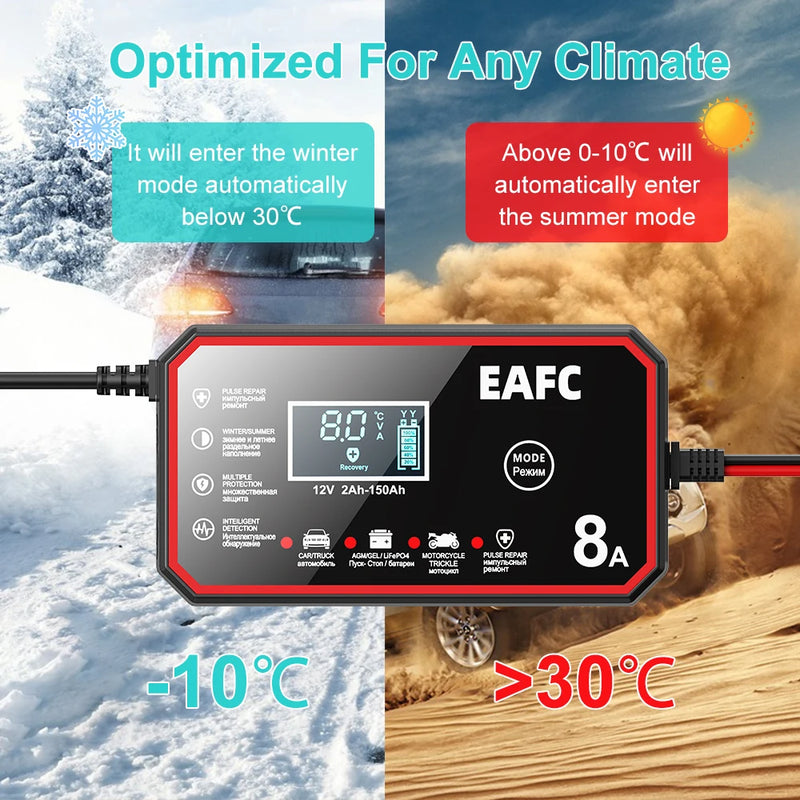 12V 8A Car Battery Charger Pulse Repair LCD Display Smart Fast Charge for Auto Motorcycle Minivan SUV Classic Cars