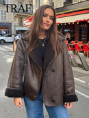 TRAFZA Winter Women's Belted Short Jacket Windbreaker Coat Fashion Retro Warm Thickened Long Sleeve Zipper Mujer Roupa Street
