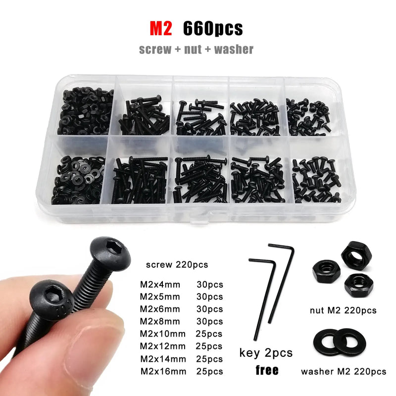 M1.6 M2 M2.5 M3 M4 M5 M6 M8 Black Grade 10.9 Steel Allen Hexagon Hex Socket Button Round Head Screw Bolt Nut Washer Kit Set Box