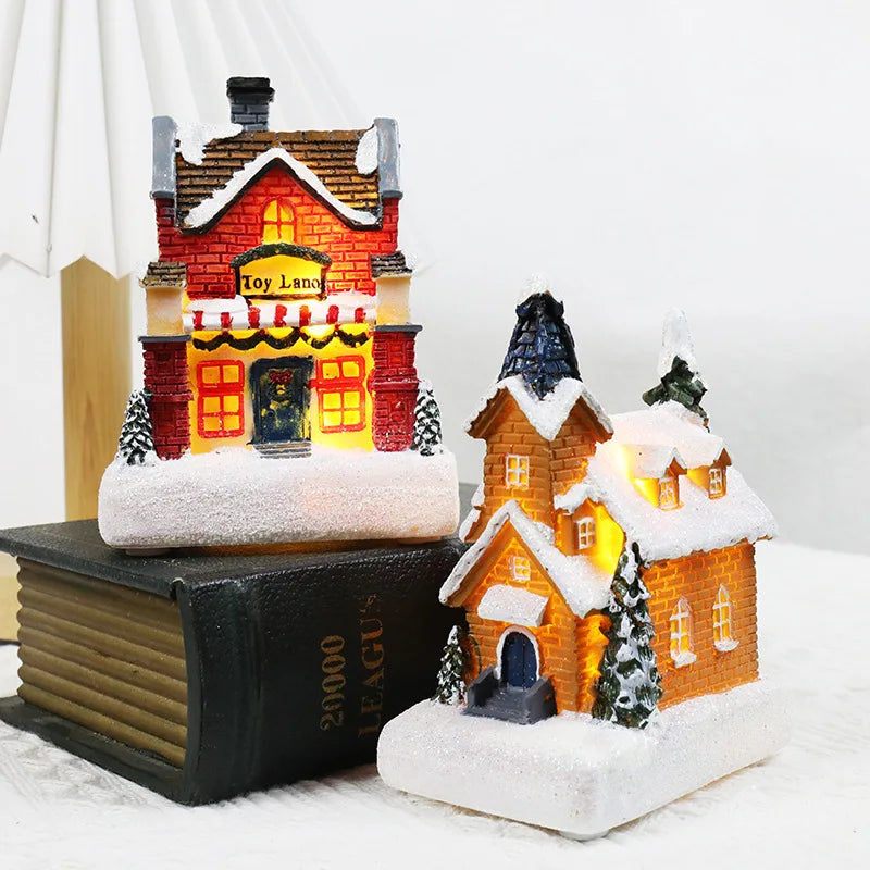 Mini Christmas European Style Resin House LED Light Ornament Micro-landscape Xmas Gift Table Decor New Year 2024 Home Decoration