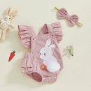 Adorable Infant Easter Jumpsuit with Bunny Embroidery Flutter Sleeves Square Neckline and Matching Bow Headband
