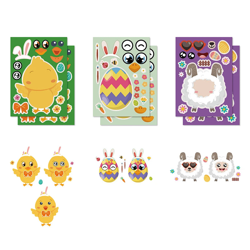 6/12Sheets Children DIY Easter Puzzle Stickers Make-a-Face Cute Animals   Cartoon Decals Jigsaw Toys For Kids Educational Gift