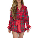 Christmas Pajamas for Women Bow Santa Claus Print Long Sleeve Shirts Ruffle Shorts Lounge Set Xmas 2 Piece Sleepwear