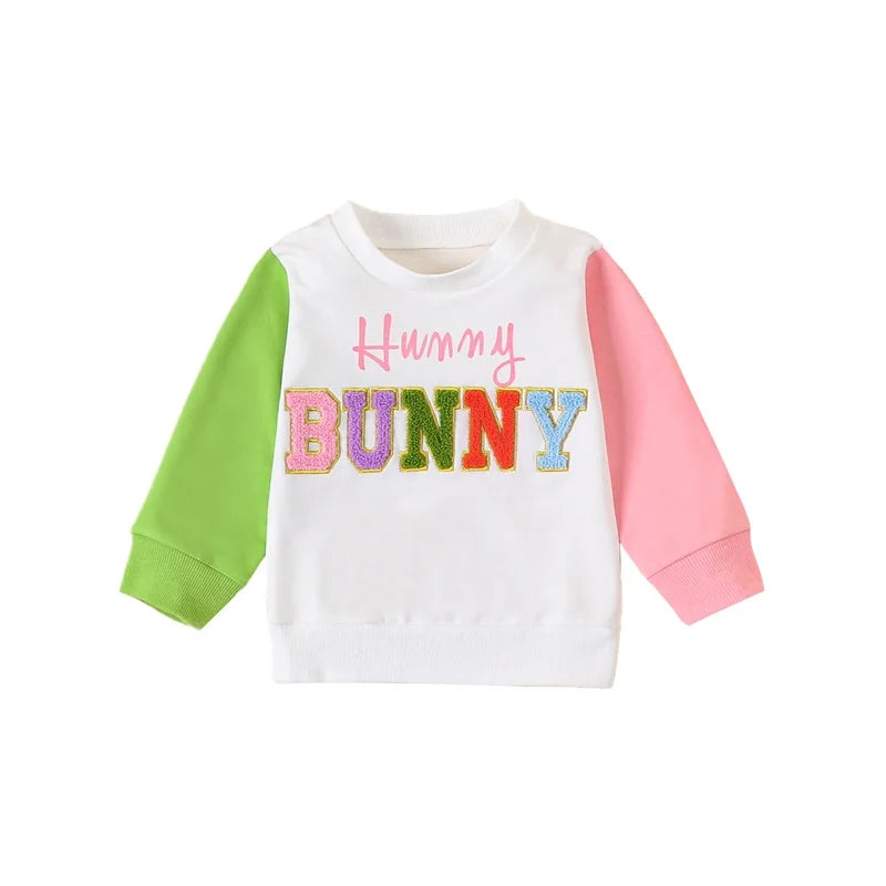 Toddler Girls Boys Sweatshirts Easter Clothes Fuzzy Letter Embroidery Contrast Color Long Sleeve Pullovers Baby Spring Tops