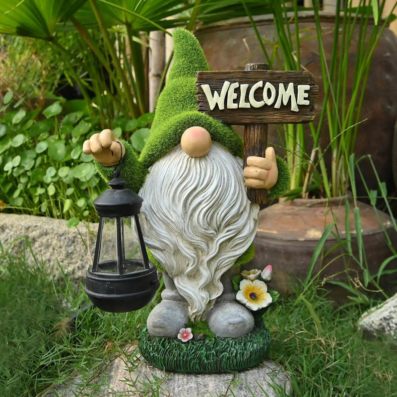 Flocked Garden Gnome Decorations with Solar Lights Resin Cartoon Gnome with Lantern Ornament Lamps Art Craft for Home Garden