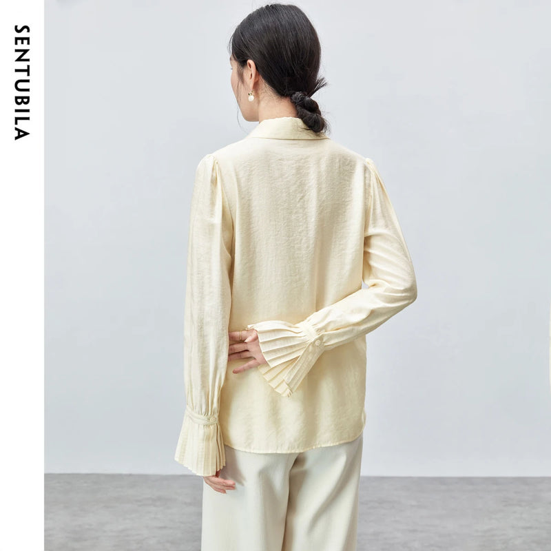 SENTUBILA Office Lady Long Sleeve Shirt Women 2025 Autumn Fall Fashion Pleate-detail Sleeve Button Up Shirts & Blouses 143C55634