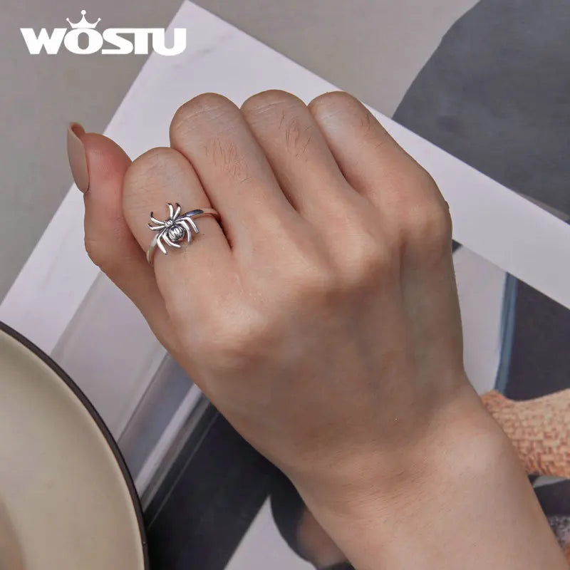 WOSTU 925 Sterling Silver Punk Spider Open Rings For Women Lovely Animal Adjustbale Ring Couple's Hip Hop Jewelry Gift CTR381