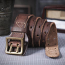 Vintage Genuine Leather Men's Belt With Copper Buckle, Handmade Casual Double Pin Buckle Belt With Gift Box, Thickened Top-layer