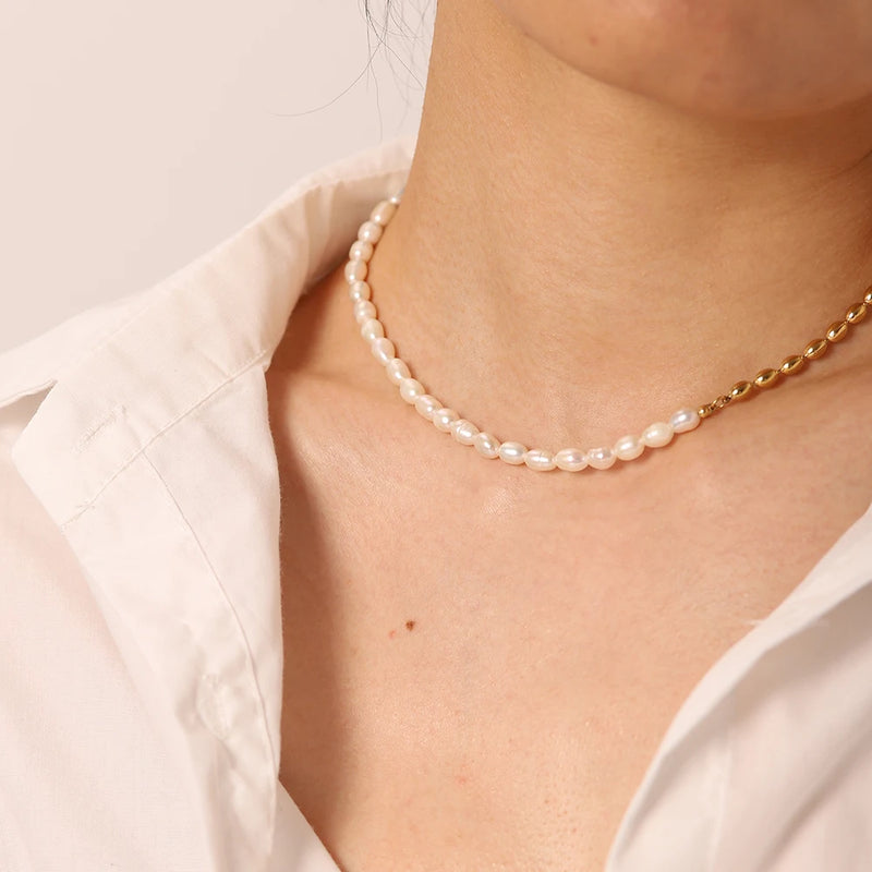 Half Freshwater Pearl Chain Half 18K Gold Plated Stainless Steel Bead Chain Choker Necklace For Women Jewelry Accessories