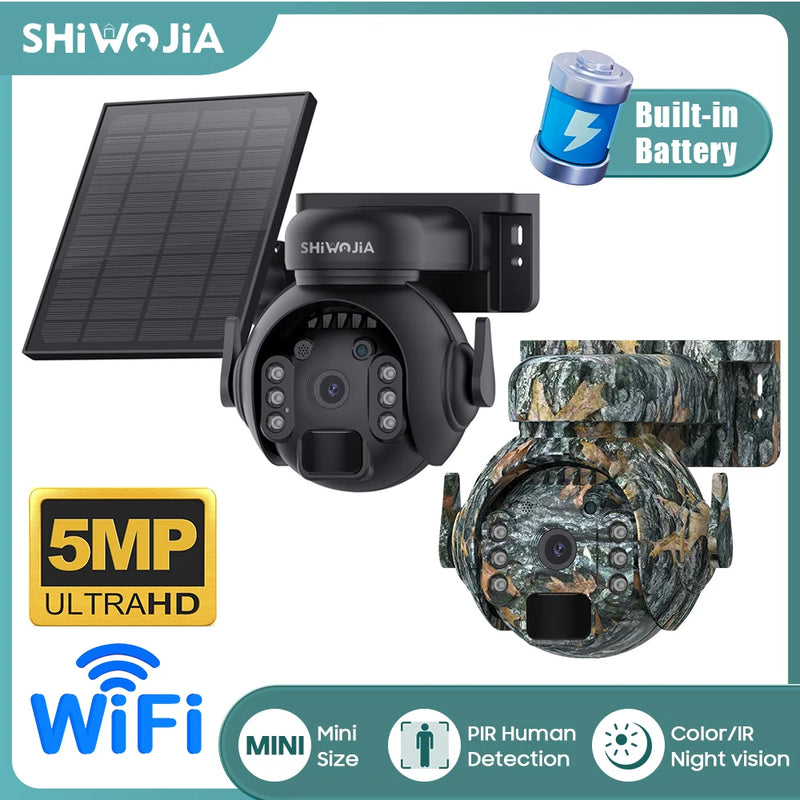 SHIWOJIA 5MP Solar Security Cameras 4G LTE WIF Wireless 360° Outdoor Battery Powered Camera Night Vision PIR Monitor 2-Way Talk