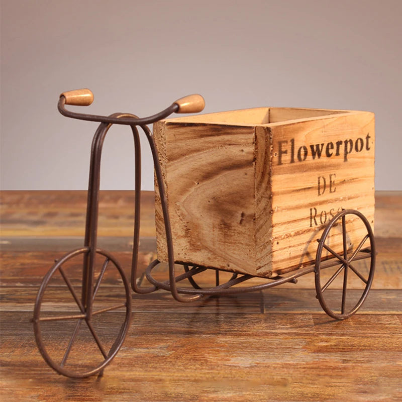 Iron Art Bicycle Flower Rack Vintage Wooden Tricycle Flowerpot Succulent Plant Decoration Desktop Sundries Storage Box Ornaments