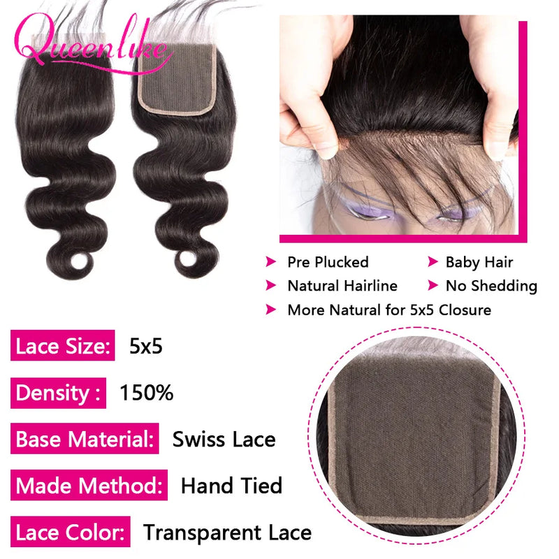 Queenlike 26 28 30 32 inch Body Wave Bundles 100% Human Hair with 4x4/5x5 Lace Closure Brazilian Raw Hair Bundles for Women
