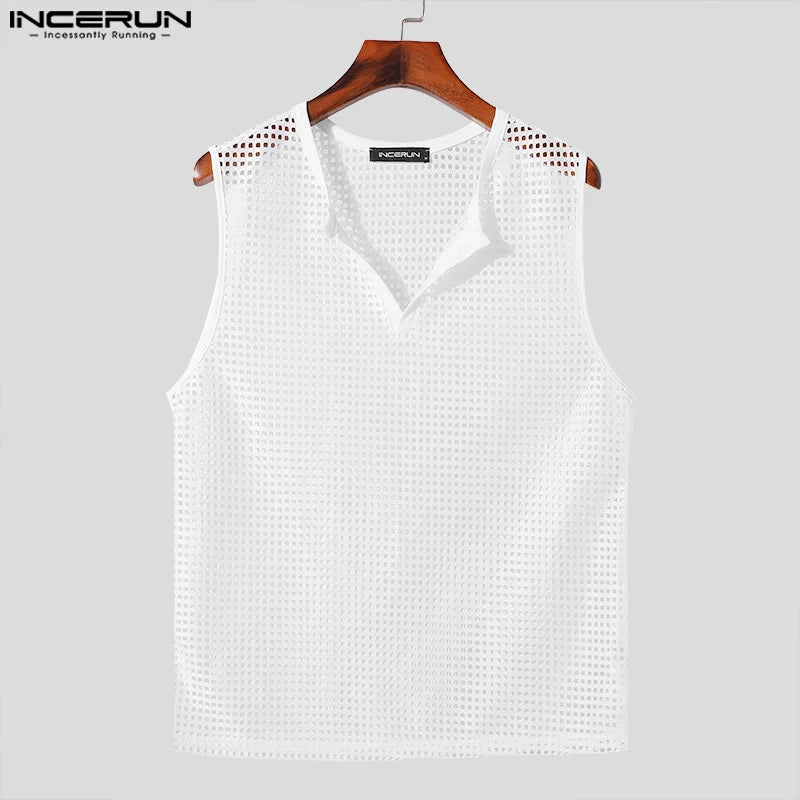 2024 Men Tank Tops Mesh Hollow Out Solid V Neck Sleeveless Summer Male Vests Streetwear Transparent Fashion Men Clothing INCERUN