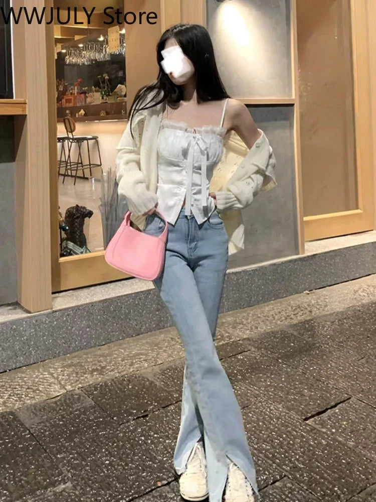 2024 New Pure Color Lace Strap Blouse Ladies Casual Elegant Sexy Crop Tops Party Slim Korean Style Fashion Vest Design Chic