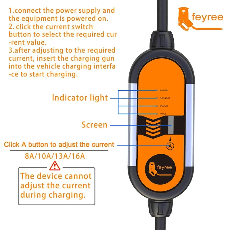 EV Portable Charger Type2 3.5KW Charging Cable Adjustable Current 8/10/13/16A Type1 j1772 Schuko Plug Wallbox for Electric Car