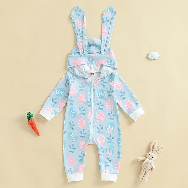 Easter Bunny Print Cotton Blend Long Sleeve Rompers for Infant Boys and Girls Hooded Spring Bodysuits with Cute Rabbit Design