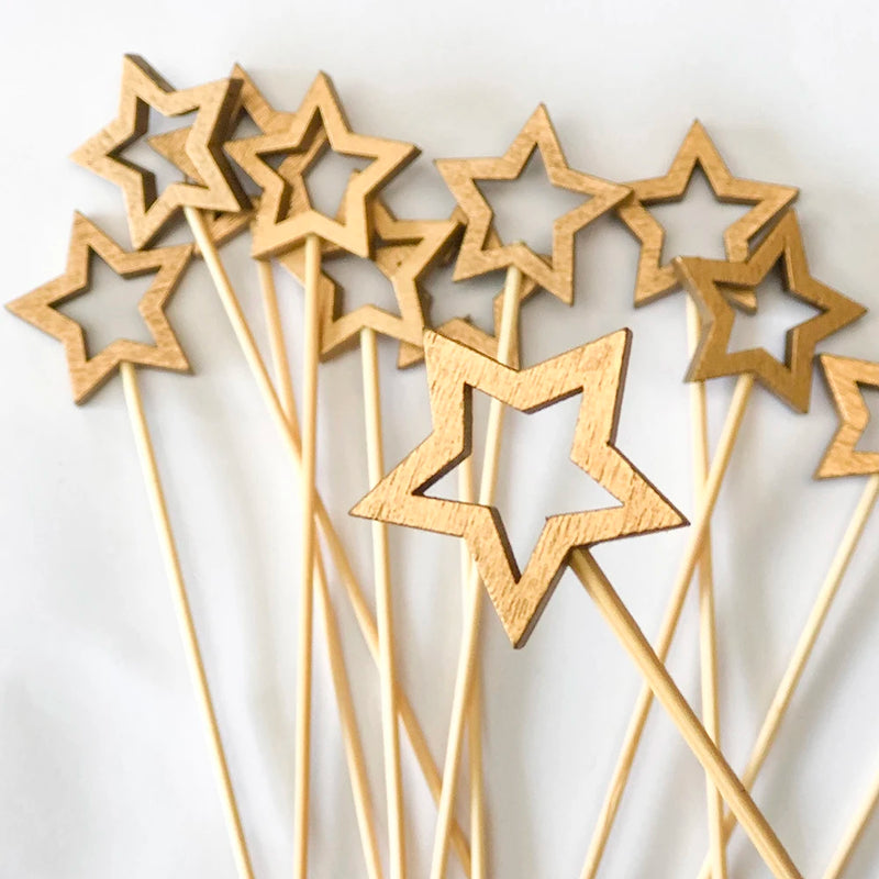 50Pcs Star Disposable Bamboo Skewers Gold Silver Buffet Fruit Food Picks Cocktail Sticks Christmas Decoration Birthday Wedding