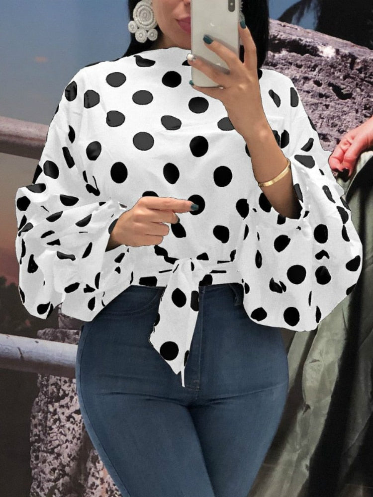 Women Polka Dot Blouses Tops Black Sashes Long Puff Sleeves White Red Big Size XXXL Ladies Fashion Casual Spring Summer Bluas