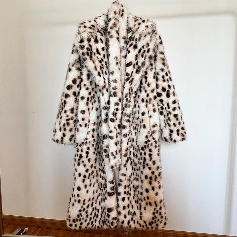 Exclusive Winter 2023 Long Belted Leopard Faux Fox Fur Coat Women Overcoats Ladies Stylish Street Fashion Fluffy Fox Fur Jacket