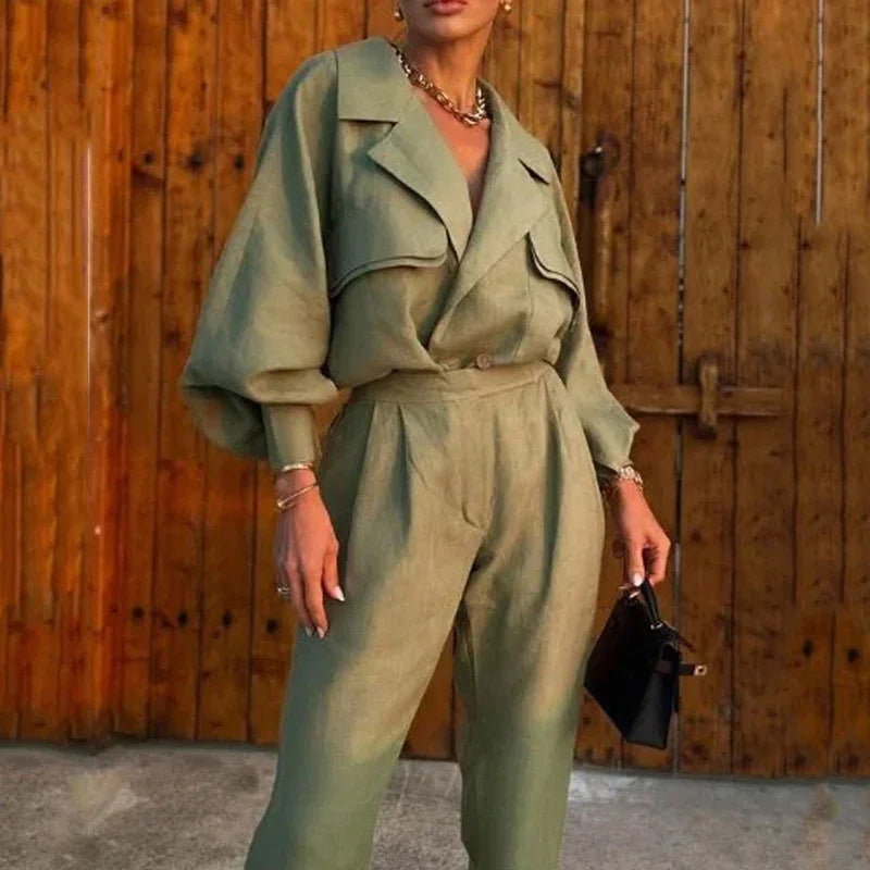 Women Long-sleeve Button Coat Top Long Pants Outfits Solid Elegant Commute Suit Fall Casual High Fashion Blazer Lapel Simple Set