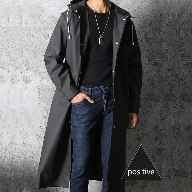 Black Fashion Adult Waterproof Long Raincoat Women's Men's Raincoat Hooded Outdoor Motorcycle, Cycling, Hiking, Fishing