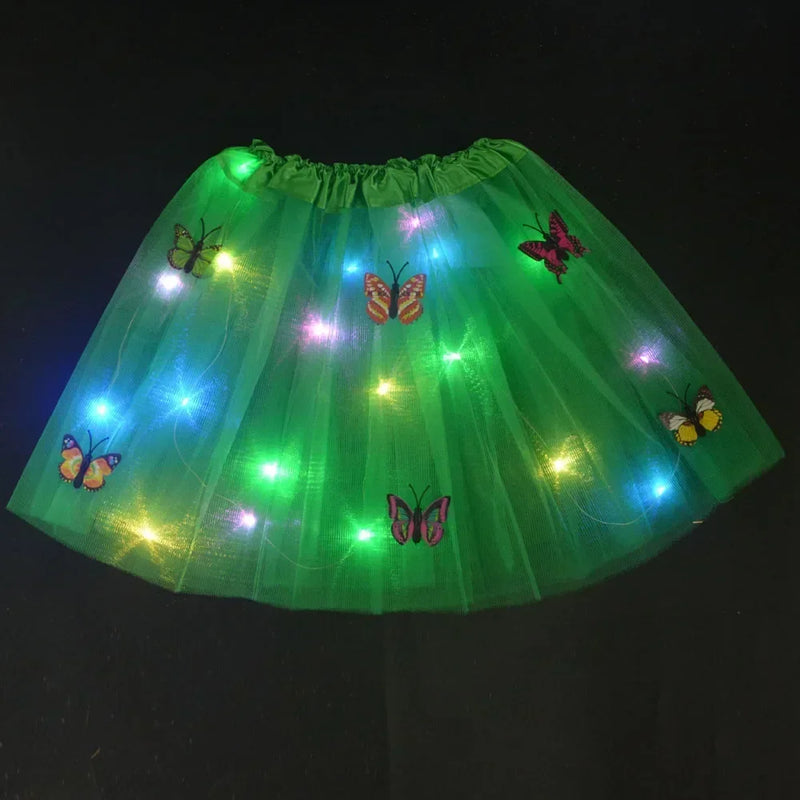 Princess Girl Butterfly Light Fairy Tutu LED Skirt Glow Flower Headband Birthday Gift Fancy Party Christmas Halloween Festival