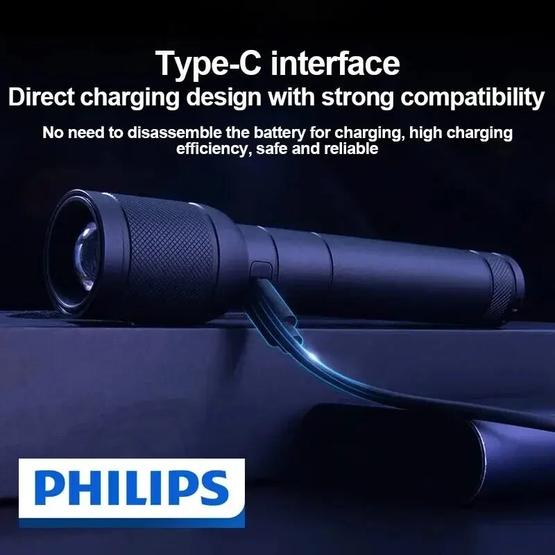 Philips 6168 Optical Zoom Flashlight Type-C Portable Flashlight With 4 Lighting Modes For Self Defense Camping Torch Light