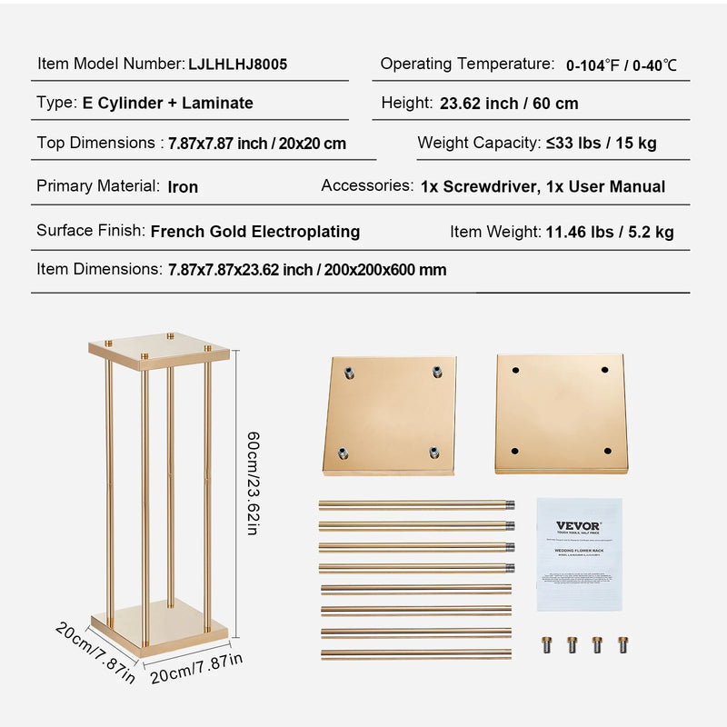 VEVOR Gold Metal Column Wedding Flower Stand High With Metal Laminate Vase Geometric Centerpiece Stands Cylindrical Floral