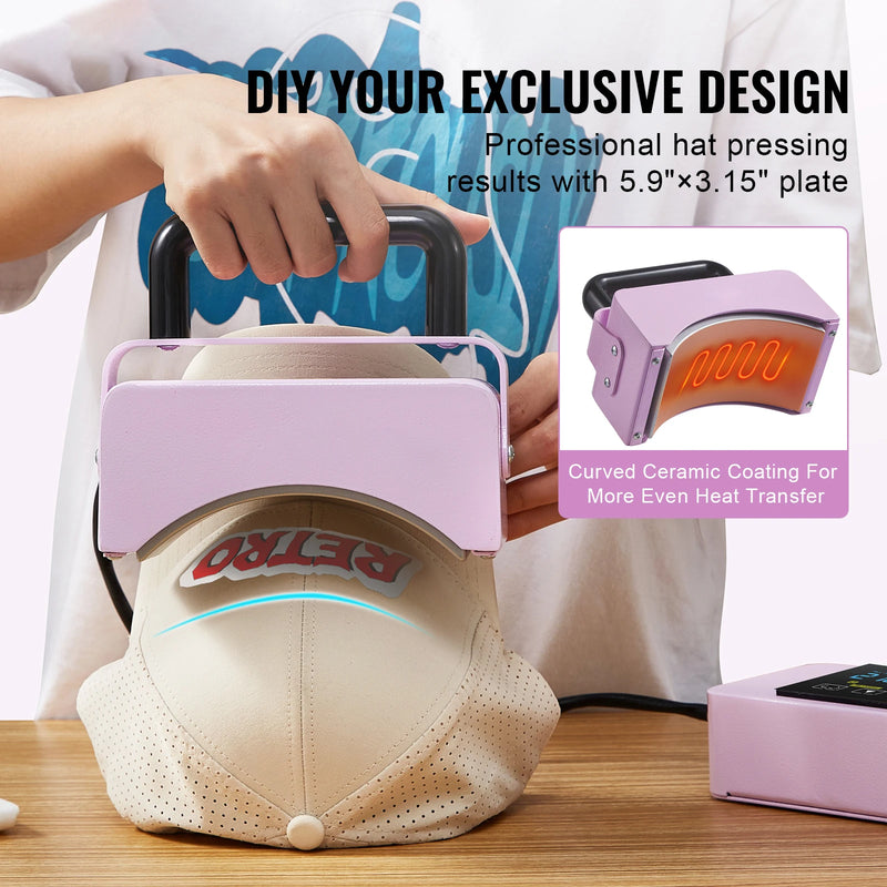 SucceBuy Hat Press Machine Mini Hat Heat Press for Caps Cap Heat Press Machine Safety Base and Glove Automatic Shut-Off Purple