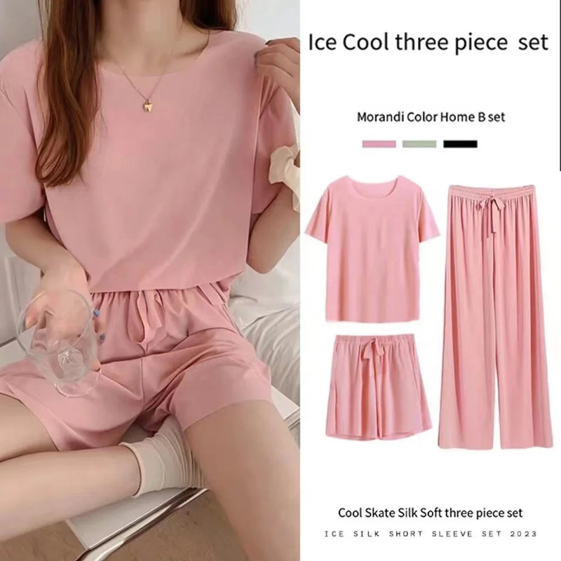 Ice Silk Pyjamas Three-Piece Set of Women's Homewear Trousers Simple Leisure and Comfortable Loose Short-Sleeved Shorts Suit